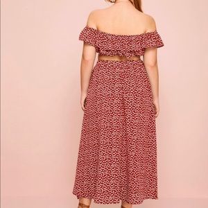 Plus polkadot ruffle Bardot top and split skirt